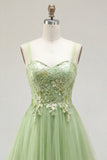 Green A Line Embroidered Spaghetti Straps Long Tulle Prom Dress