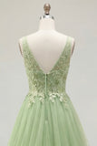 Green A Line Embroidered Spaghetti Straps Long Tulle Prom Dress