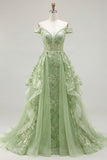 Green Off The Shoulder Ruffled A Line Long Prom Dress with Embroidery