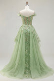 Green Off The Shoulder Ruffled A Line Long Prom Dress with Embroidery
