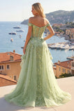 Green Off The Shoulder Ruffled A Line Long Prom Dress with Embroidery