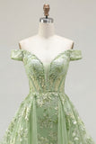 Green Off The Shoulder Ruffled A Line Long Prom Dress with Embroidery
