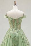 Green Off The Shoulder Ruffled A Line Long Prom Dress with Embroidery