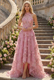 Halter A Line Taro Corset High-Low Prom Dress with 3D Flowers