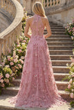 Halter A Line Taro Corset High-Low Prom Dress with 3D Flowers