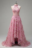 Halter A Line Taro Corset High-Low Prom Dress with 3D Flowers