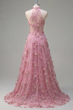 Halter A Line Taro Corset High-Low Prom Dress with 3D Flowers
