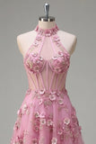 Halter A Line Taro Corset High-Low Prom Dress with 3D Flowers