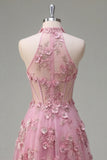 Halter A Line Taro Corset High-Low Prom Dress with 3D Flowers