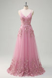 Taro A Line Spaghetti Straps Long Prom Dress with 3D Flowers