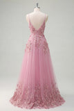 Taro A Line Spaghetti Straps Long Prom Dress with 3D Flowers