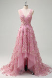 Taro 3D Flowers A Line V-Neck High-Low Prom Dress