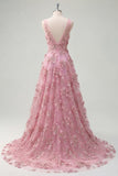 Taro 3D Flowers A Line V-Neck High-Low Prom Dress