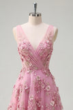 Taro 3D Flowers A Line V-Neck High-Low Prom Dress