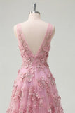 Taro 3D Flowers A Line V-Neck High-Low Prom Dress