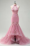 Halter Mermaid Taro Flowers Cut Out Corset Long Prom Dress with Ruffles