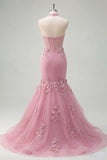 Halter Mermaid Taro Flowers Cut Out Corset Long Prom Dress with Ruffles