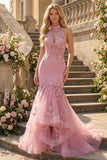 Halter Mermaid Taro Flowers Cut Out Corset Long Prom Dress with Ruffles
