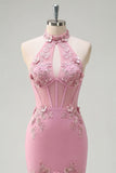 Halter Mermaid Taro Flowers Cut Out Corset Long Prom Dress with Ruffles