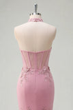 Halter Mermaid Taro Flowers Cut Out Corset Long Prom Dress with Ruffles