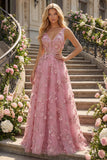 Taro A Line Cut Out V-Neck Long Prom Dress with 3D Flowers