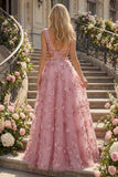 Taro A Line Cut Out V-Neck Long Prom Dress with 3D Flowers