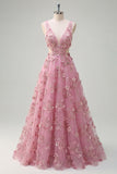 Taro A Line Cut Out V-Neck Long Prom Dress with 3D Flowers