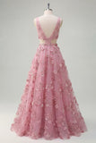 Taro A Line Cut Out V-Neck Long Prom Dress with 3D Flowers