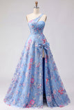 Blue One Shoulder A Line Bowed Long Prom Dress with Slit