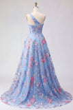 Blue One Shoulder A Line Bowed Long Prom Dress with Slit