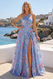Blue One Shoulder A Line Bowed Long Prom Dress with Slit