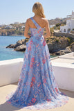 Blue One Shoulder A Line Bowed Long Prom Dress with Slit