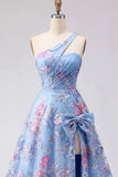 Blue One Shoulder A Line Bowed Long Prom Dress with Slit