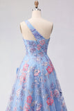 Blue One Shoulder A Line Bowed Long Prom Dress with Slit