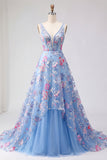 Blue Floral A Line Embroidered V-Neck Long Prom Dress