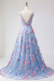 Blue Floral A Line Embroidered V-Neck Long Prom Dress