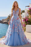 Blue Floral A Line Embroidered V-Neck Long Prom Dress