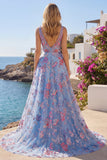 Blue Floral A Line Embroidered V-Neck Long Prom Dress