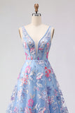 Blue Floral A Line Embroidered V-Neck Long Prom Dress