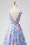 Blue Floral A Line Embroidered V-Neck Long Prom Dress