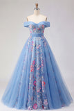 Off the Shoulder Blue A Line Corset Long Prom Dress