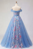 Off the Shoulder Blue A Line Corset Long Prom Dress