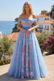 Off the Shoulder Blue A Line Corset Long Prom Dress