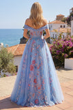 Off the Shoulder Blue A Line Corset Long Prom Dress