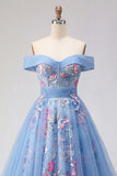 Off the Shoulder Blue A Line Corset Long Prom Dress