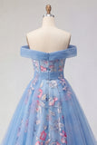 Off the Shoulder Blue A Line Corset Long Prom Dress