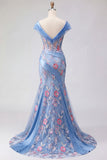 Blue Mermaid Off The Shoulder Corset Long Prom Dress with Embroidery