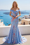 Blue Mermaid Off The Shoulder Corset Long Prom Dress with Embroidery