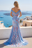 Blue Mermaid Off The Shoulder Corset Long Prom Dress with Embroidery