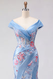 Blue Mermaid Off The Shoulder Corset Long Prom Dress with Embroidery